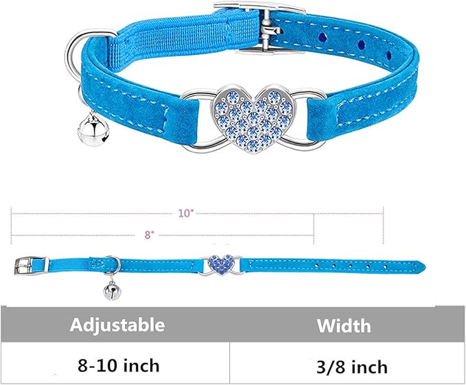 Heart Bling Cat Collar with Safety Belt and Bell Adjustable 8-10 inches for Kitten Cats (Blue)