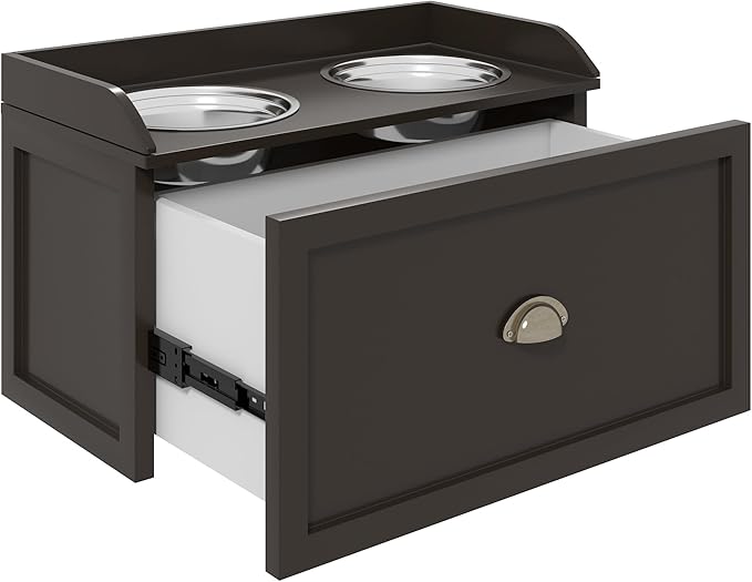 PawHut Dog Feeding Station with Storage Drawer, Dog Food Storage Cabinet with 2 Removable Elevated Pet Bowls for Large Sized Dogs, Coffee