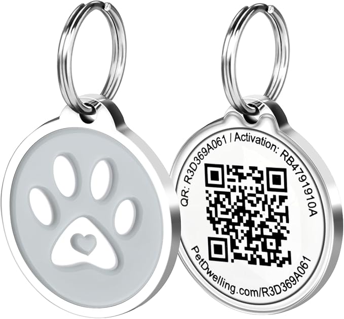 Pet Dwelling QR Code Pet ID Tag – Smart Dog & Cat ID Tags for Pet Safety, Free Personalized Online Profile, Instant Scan Alerts, AI Insights (Gray Paw)