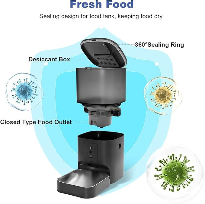 2.4G Automatic Cat Feeder, Cat Food Dispenser with 10s Voice Recorder, Pet Feeder up to 8 Meals per Day, Timed Feeder with Dry Food Sealed Ring (Black, 4L-WiFi)
