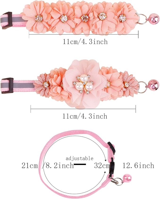 2 Pack Cat Collar Pink Floral with Bell and Removable Flower Bowtie Breakaway Adjustable Cat Collar for Girl Kitten Puppy Small Cats Dogs Daily Decoration (XQ102-2)