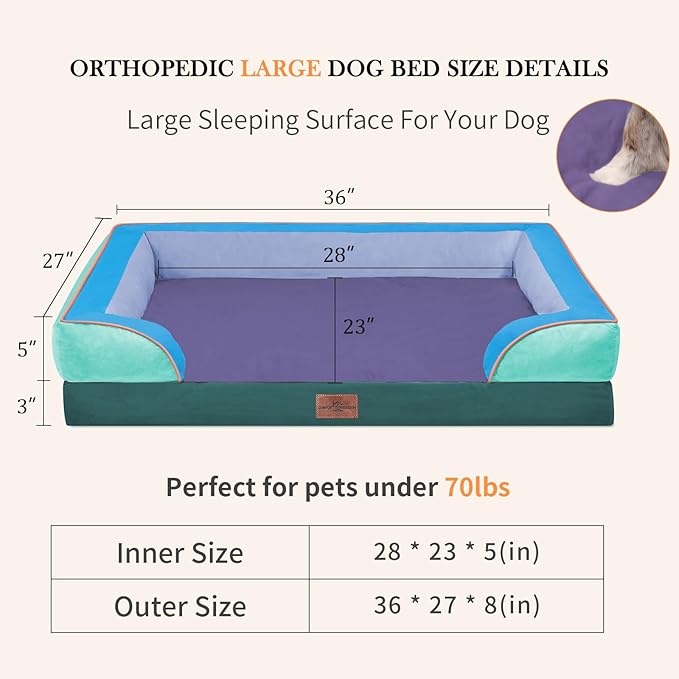 Comfort Expression Orthopedic Dog Bed for Large Dogs 36x27 Inch, Waterproof Egg Crate Foam Large Pet Bed with Removable Bolsters, Dog Couch with Washable Cover & Non-Slip Bottom, Violet Tide