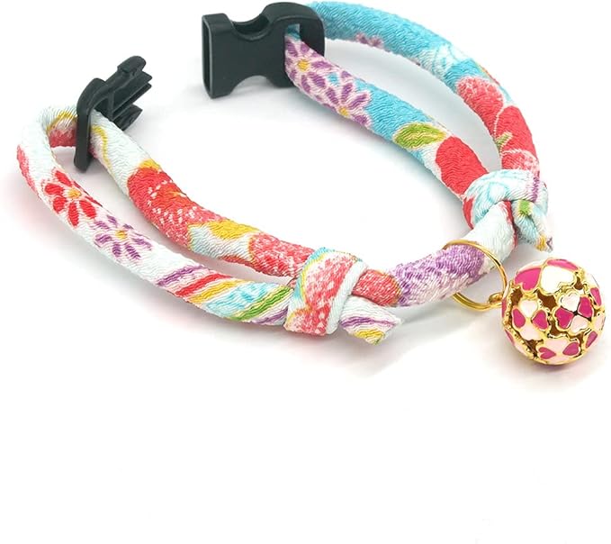 PetSoKoo Four-Leaf Clover Cat Collar with Bell Breakaway Buckle. Japanese Chirimen,Cute Kitten Collar for Girl Boy Cat