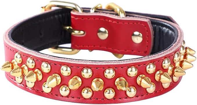 Spiked Studded Dog Collar, Genuine Leather Dog Collar, Adjustable Pet Collars for Medium Large Bulldog Pitbull Mastiff Poodle Boxer (L:37-47cm, Red)