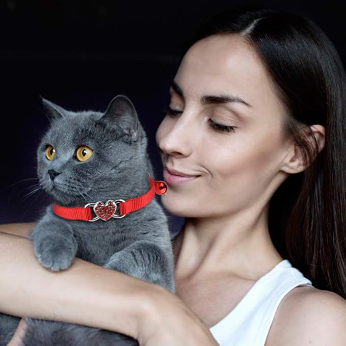2 Pcs Cat Collars Heart Bling Breakaway with Bell Nylon Adjustable for Kitty (red+Purple)