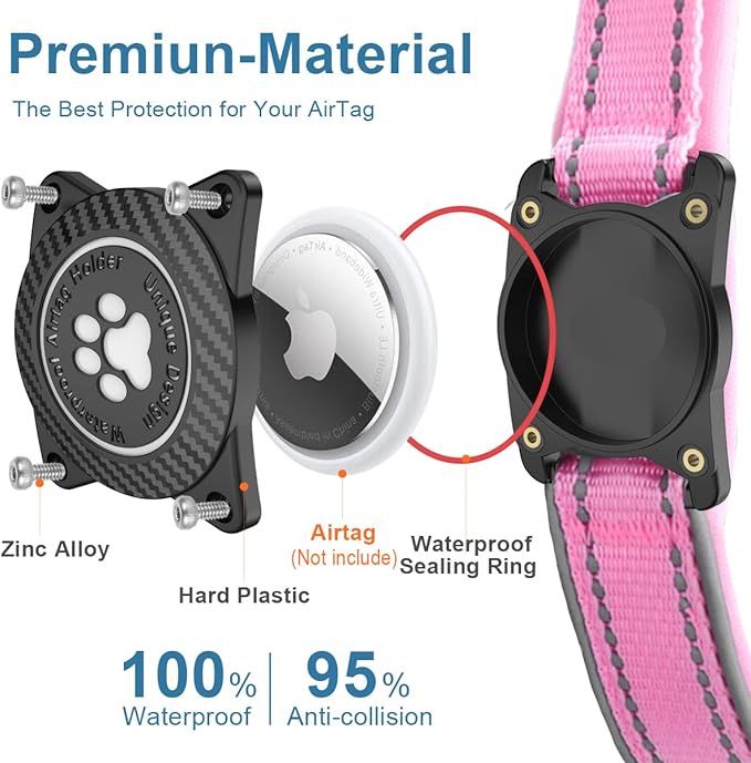 Airtag Dog Collar with Waterproof Air Tag Holder, Luminous Reflective, Soft Padded, Adjustable Nylon Pet Collar for Small Medium Large Heavy Duty Dogs,Pink, S