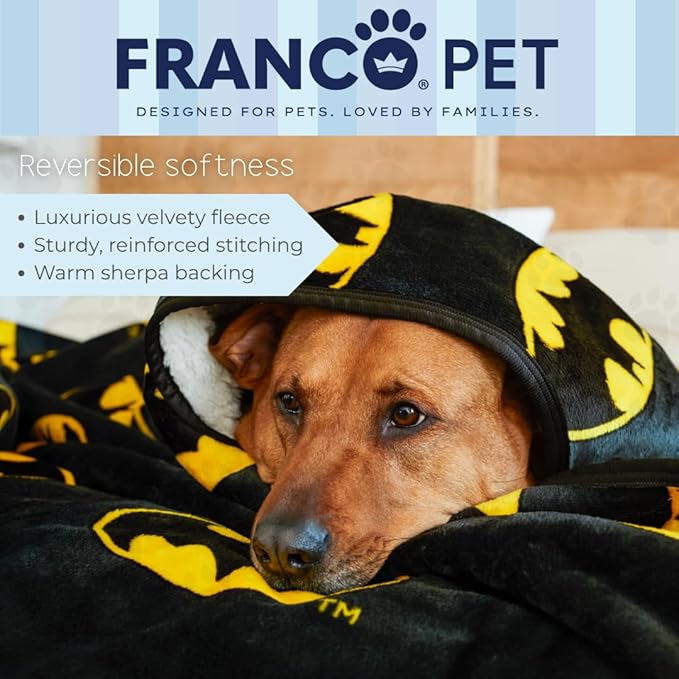 Franco Pet Batman DC Comics Bat Shield Logo Super Soft Cozy Waterproof Sherpa-Backed Blanket Throw for Large Dogs, Couch/Bed/Car, 50x60 (Officially Licensed Product)
