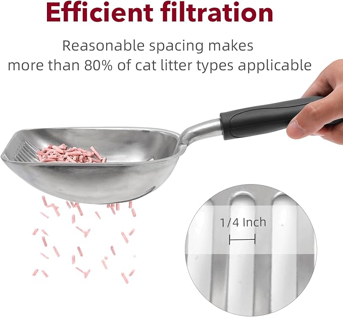 Cat Litter Scoop, Kitty Metal Scooper, Aluminum Alloy Sifter, Kitten Pooper Lifter, Deep Shovel, Long Handle, Poop Sifting, Durable, Heavy Duty, for Litter Box