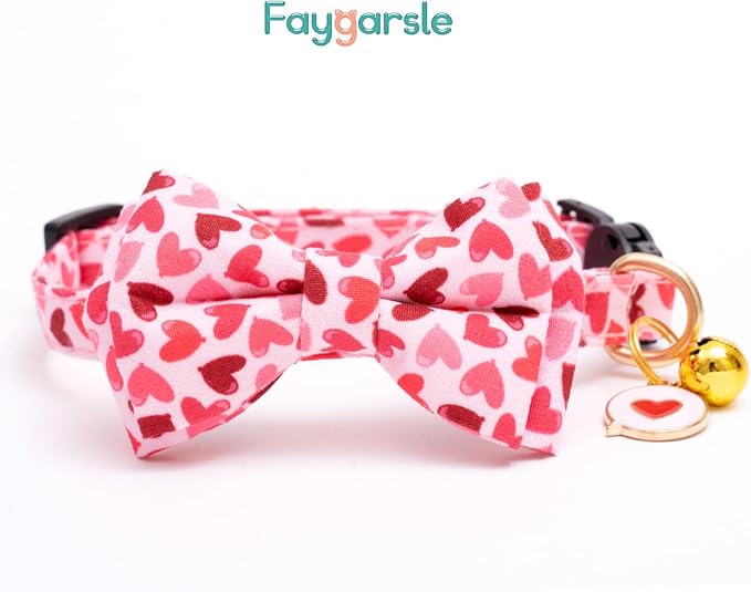 Faygarsle 2 Pack Valentine's Day Cat Collar Cute Loving Heart Printed Collar with Bow tie Breakaway Pink Purple Cat Collar for Boy Girl Cats