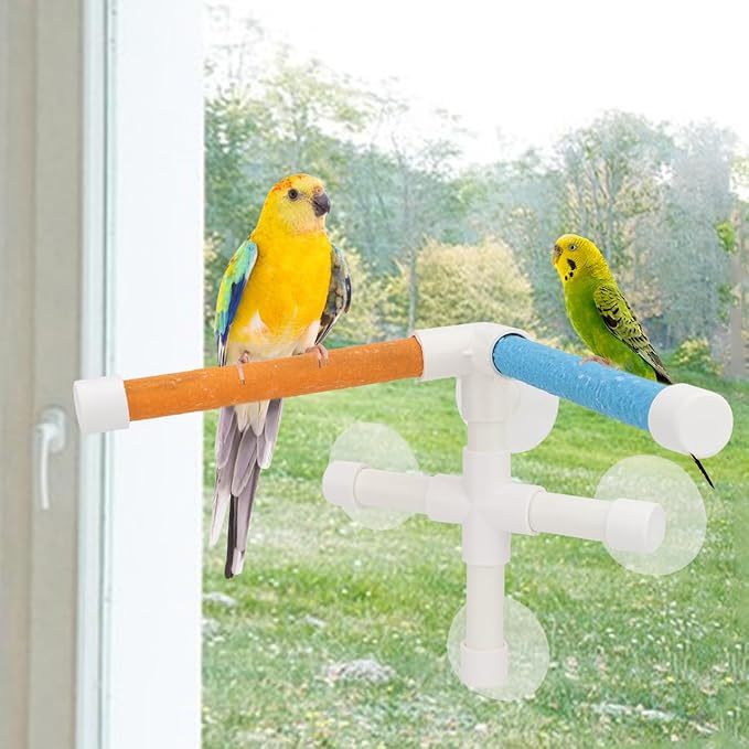Hypeety Portable Suction Cup Bird Window and Shower Perch Toy for Bird Parrot Macaw Cockatoo African Greys Budgies Parakeet Bath Double Stand Perch Toy