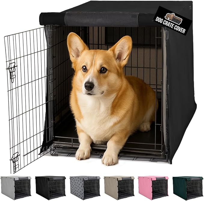 GORILLA GRIP Dog Crate Covers Compatible with Amazon Basics Dog Crates, All Sides Open, Privacy Cover Fits 30" Wire Kennel, Breathable Mesh Windows, Light Reducing Puppy Training Cage Topper, Black