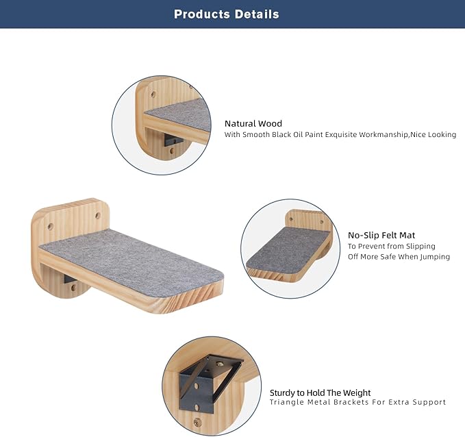 ESPETS Set of 3 Natural Wood Cat Wall Steps Floating Ladder Stairs- Wall Mounted Wooden Cat Shelves and Perches - Holds up 30lbs