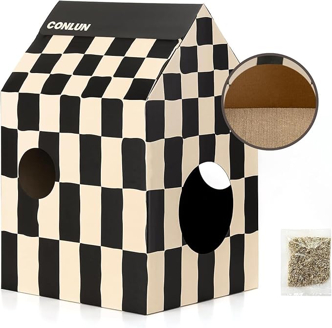 Cardboard Cat House with Scratch Pad & Catnip, Cat Play Scratching House for Indoor Hideaway Furniture, Heavy Duty Sturdy Cardboard Scratcher, Easy to Assemble Birthday Gift, Medium, 2 Pack