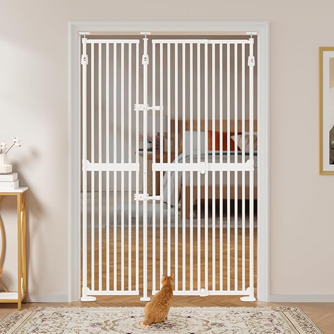 unipaws 75" High Extra Tall Cat Gate, Auto Closing and No Drilling Safety Gate for Doorway Hallway Stairs, Cat Dog Proof, Fit for 35"-51" Wide Opening, Indoor Use, White