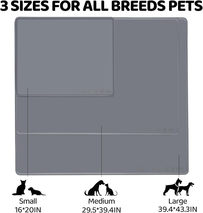 Extra Extra Large Silicone Dog Food Mat 39.4×43.3in and 128oz Silicone Bag Set, Super Size Waterproof Pet Feeding Mat & Container, Non-Slip, Chew-Resistant Floor Protection (Dark Grey&Clear)