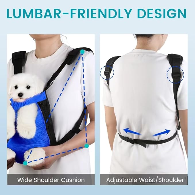 Dog Backpack Carrier, Thick Straps & Cushion, Pet Sling Front Backpacks for Small Medium Dogs 7-11 Lbs, Legs Out, Adjustable Wearable Puppy Chest Travel Bag, Easy-Fit for Hiking/Walking/Camping