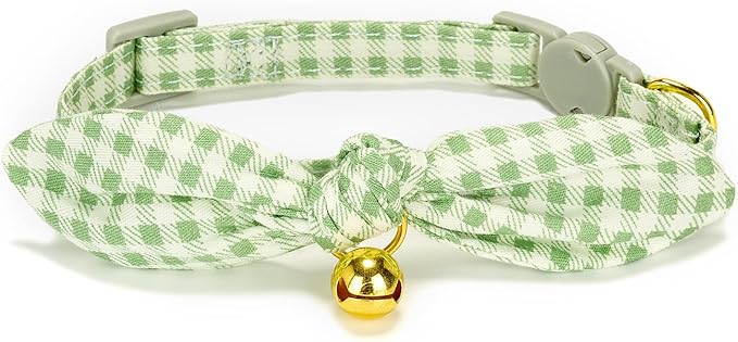 Bowtie Cat Collar with Bell, 2 Pack Cotton Breakaway Kitten Collars with Removeable Bow Stylish Cat Collars, Floral Green & Plaid