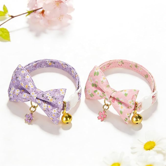 2 Pack Floral Cat Collars with Bow Tie and Bell Adjustable Breakaway Bowtie Cute Kitten Collar(Purple & Pink Flowers)