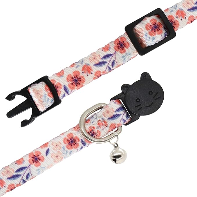 Cat Collar, 2 Pack Breakaway Collar with Bells, Safety Buckle Kitten Collars for Boy and Girl Cats, Black + Pink Flower