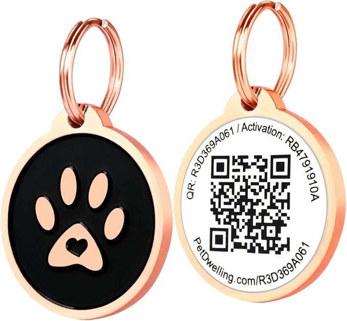 Pet Dwelling QR Code Pet ID Tag – Smart Dog & Cat ID Tags for Pet Safety, Free Personalized Online Profile, Instant Scan Alerts, AI Insights (Lux Rose Gold Black Paw)