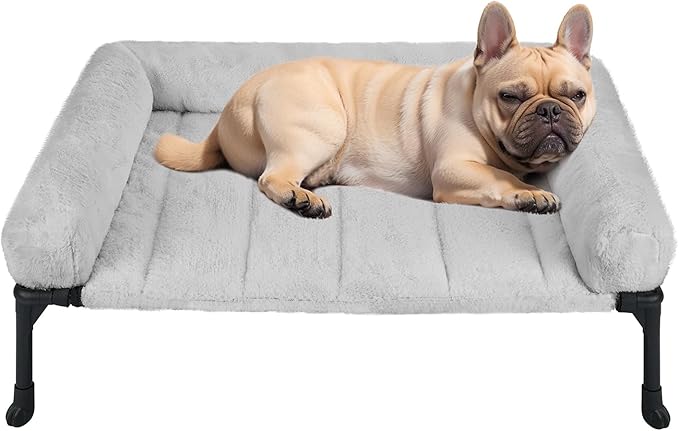 Veehoo Orthopedic Elevated Dog Bed with Fluffy Plush Bolster Cushion, Indoor Raised Dog Beds for Large Dogs, Soft Pet Sofa Cot with Removable Washable Mat, No-Slip Feet, 32 x 25 inches, Grey