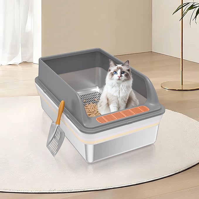 Stainless Steel Sifting Litter Box with Lid, XL Extra Large Sifting Cat Litter Box for Pine Pellets & Big Cats,Metal Pellet Sifter Litter Pan System for Odor Control,Sifting Box Liners & Scoop