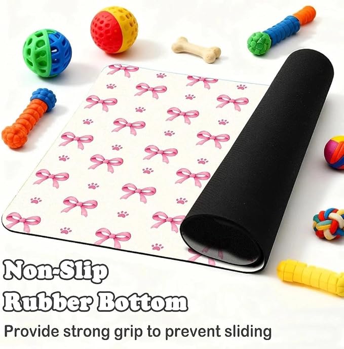 Pink Bow Dog Food Mat for Pet Cat Food Mat, Paws Absorbent Quick Dry Dog Bowl Mats for Food and Water, Non-Slip Cat Pet Feeding Mats for Floor Placemats 12"x20"