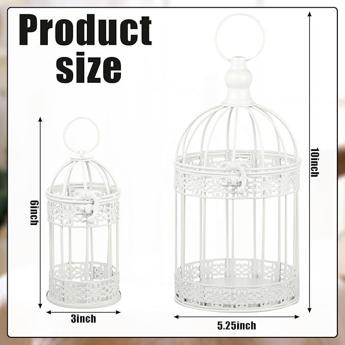 Sliner 4 Pcs Birdcage Candle Holder Valentine Decorative Bird Cages for Weddings Vintage Candlestick Holders Metal Lanterns Model Wedding Candle Centerpieces for Tables Valentine Home Decor(White)