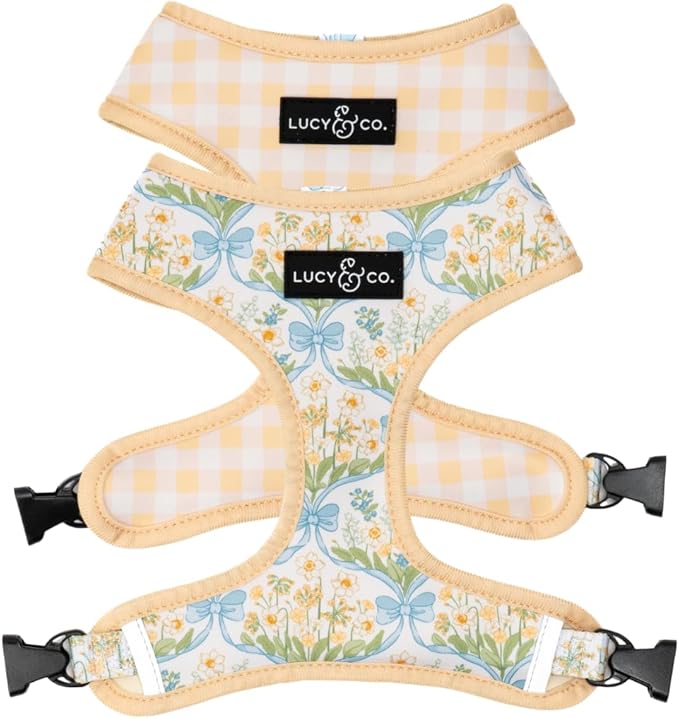 Lucy & Co. Sunshine and Daffodils Reversible Dog Harness, Adjustable Comfort Fit with Dual Leash Attachments, Large