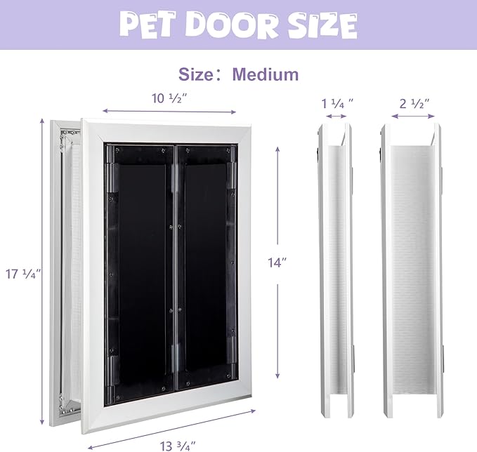 Sliver Pet Door with Panels, Aluminum Dog Door with Automatic Closing Magnetic Flaps, Medium Doggie Door, Slide-in Panel & 4 Security Locks, Suitable for Doors, Screen and Wall