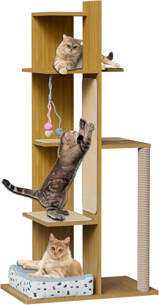 PAKASEPT 65.5" Tall Cat Tree, Multi-Level Modern Cat Tower with Sisal Scratching Posts, Cat Bed, Cat Balls, Freestanding Wooden Cat Activity Center, Cat Tree Tower for Indoor Small Large Cats