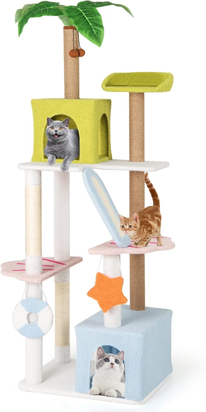 Tangkula 71 Inch Tall Cat Tree, Multi-Level Aesthetic Beach-Themed Cat Tower with Sisal & Jute Scratching Posts, 2 Cat Condos, Perch, Artificial Plant, Hanging Toys, Indoor Cat Activity Center