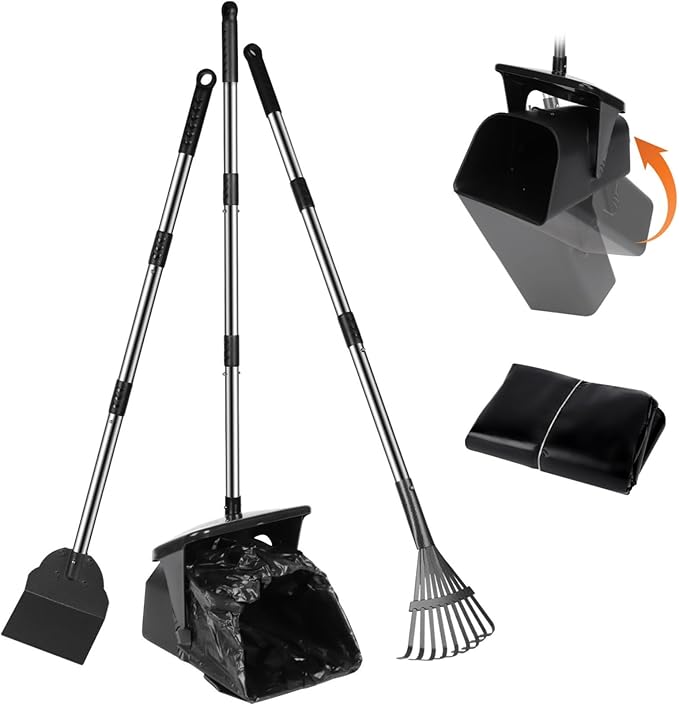 39.8'' Long Handle Dog Pooper Scooper with 20 Bag Attachment Heavy Duty Swivel Bin, Rake & Spade Easy to Clean Poop Scooper for Large Medium Dogs Pet Waste Removal Solution for Yard, Grass, Gravel