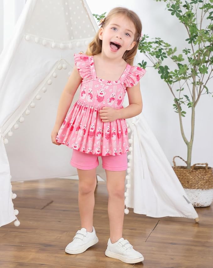 Toddler Baby Girls Summer Clothes Outfits Ruffled Sleeve Dinosaur Shirt Leopard Tops and Shorts Pants Sets 2PCS