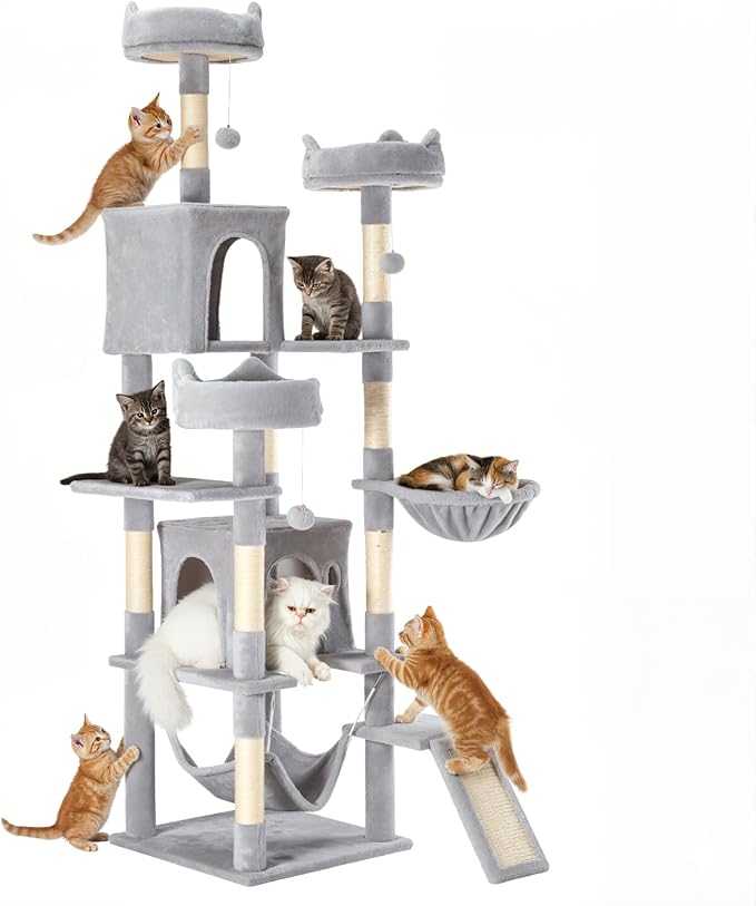 DUMOS Tall Cat Tree 75 Inch, Large Multi-Level Cat Tree Tower with Condo, Perches, Sisal Scratching Posts Board and Hammock, Pet Play House with Dangling Balls for Indoor Cats, Light Grey