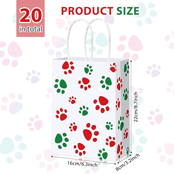 Blulu 20 Pcs Christmas Red Green Puppy Dog Paw Gift Bags with Paper Twist Handles, Dog Paper Gift Paw Treat Goodie Bags for Pet Treat Party Favor, 6.3 x 3.1 x 8.6 Inch