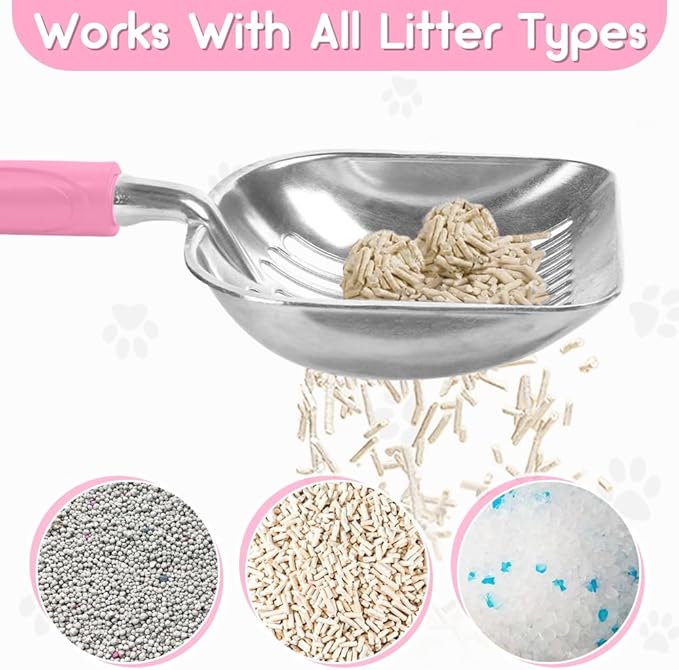 Cat Litter Scoop, Metal Cat Scooper, Plastic Handle Scoop, Sifting Shovel for Christmas – Heavy Duty Aluminum Alloy Litter Box Scoop with Deep Mesh, Design for Easy Waste Removal and Cleaning(Pink)