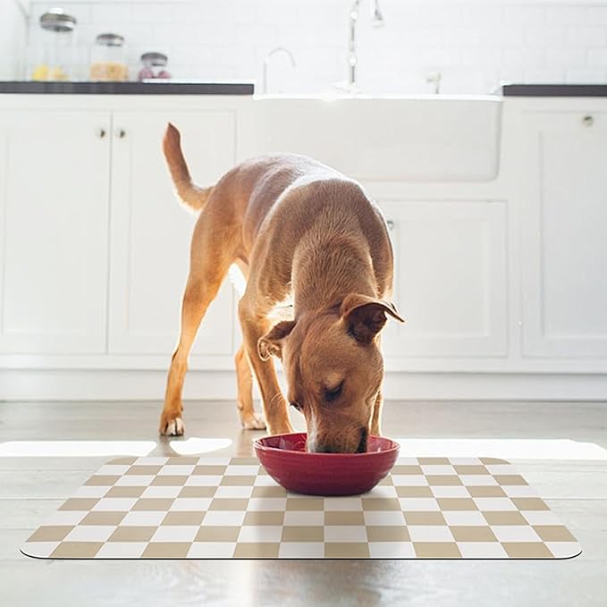 Checkered Dog Food Mat, Absorbent Leak-Proof Pet Feeding Mat, Quick Dry Cat Food Mat for Messy Drinkers 12" x 20" Khaki