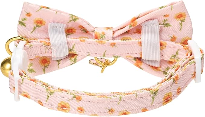 2 Pack Cat Collars, Removable Bowtie, Floral Pattern, Safety Breakaway Clasp, Adjustable for Cats.(Adult Cat,Mint Green and Lt Pink with Floral)