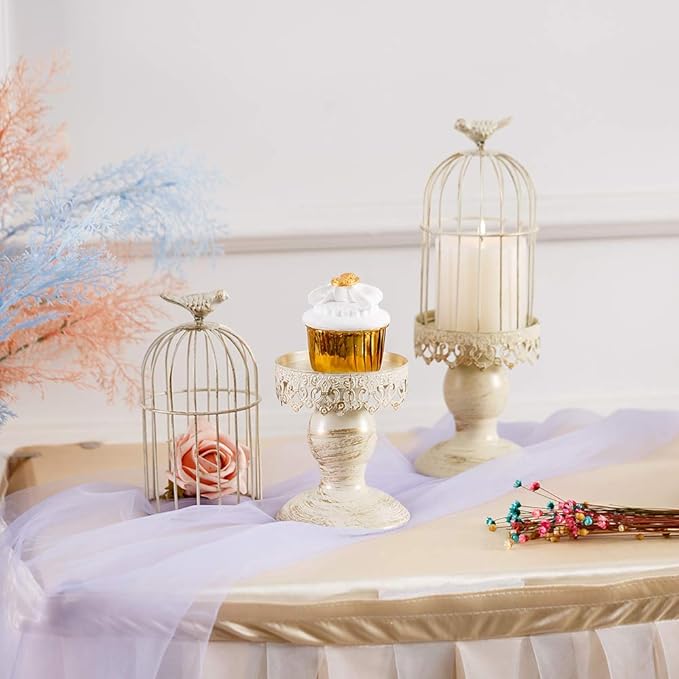 Birdcage Candle Holder Decorative Bird Cages for Weddings Vintage Candlestick Holders Wedding Candle Centerpieces for Tables Iron Candleholder Set Home Decor Distressed Ivory