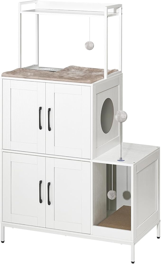 HOOBRO Litter Box Enclosure, Litter Box Furniture with Storage, 2-in-1 Hidden Cat Furniture with Shelf, 2 Dangling Plush Balls and 1 Toy Ball, Large Wooden Cat Washroom, White WT78MW01