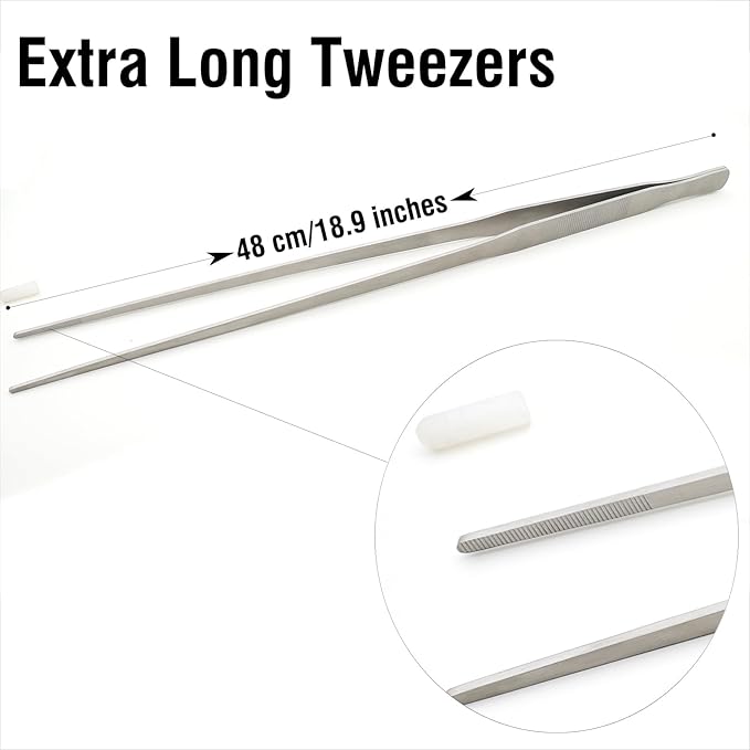 18.9 inch Heavy Duty Extra Long Tweezers for Salt & Fresh Water, Straight 18/8 Stainless Steel Reptile Feeding Tongs for Aquarium & Terrarium, Large Metal Snake Feeding Tweezers
