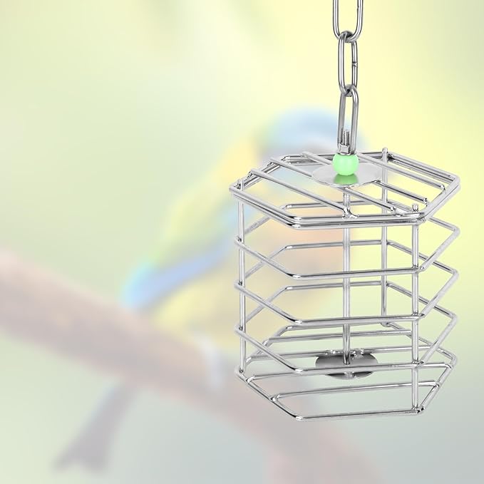 Stainless Steel Bird Suet Feeder Cage with Chain & Bead, Hanging Bird Food Holder Intelligent Feeding Box Millet Treat Holder for Macaw Cockatoo Cockatiel Parrot