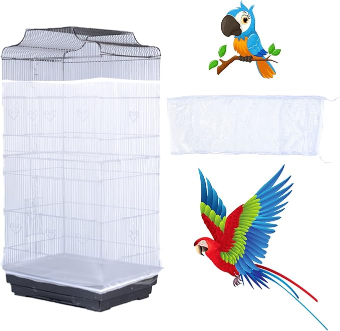 Bird Cage Seed Catcher, Large Airy Gauze Seeds Bird Cage Cover Guard Adjustable Bird Cage Cover Birdcage Seed Feather Catcher Universal Birdcage Parrot Bird Nylon Mesh Net Cover(L-118x16 in, White)