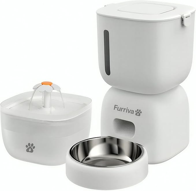 Automatic Cat Feeder and Water Fountain Set - 3L Food Dispenser with Locking Lid, Plug-in/Battery Powered, Programmable Portion Control, up to 4 Meals/Day, 10s Voice Recorder - for Cats and Small Dogs
