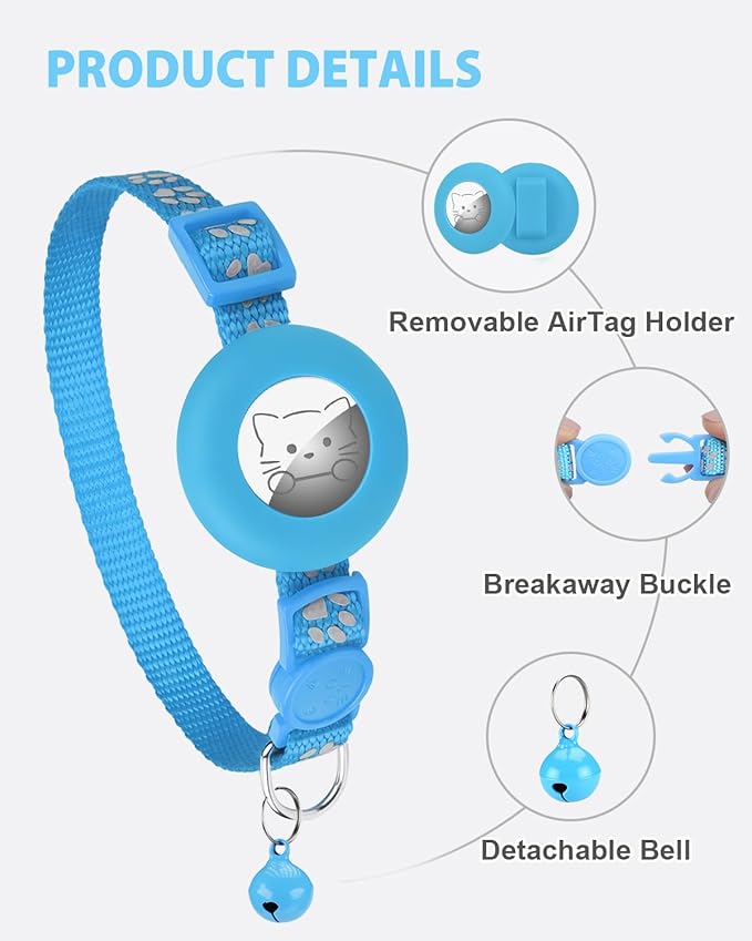 Joytale AirTag Cat Collar 2 Pack with Breakaway Safety Buckle, Reflective Cats Collar with AirTag Holder, Adjustable 7.5-12.5 Inch, Anti-Fraying Lightweight for Girl Boy Kitten, Sky Blue