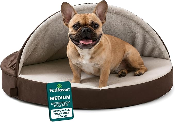FurHaven Round Orthopedic Dog Bed for Medium Dogs, Egg Crate with a Solid Orthopedic Foam Base with Attached Blanket Hood and Removable Washable Cover, Medium, Sherpa & Suede Snuggery, Espresso