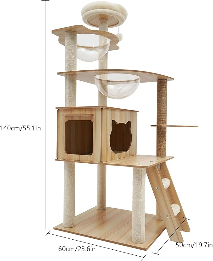 Wood Cat Tree, Modern 5-Tier Wooden Cat Tree, Wooden Tower with Acrylic Space Capsules & Sisal Scratching Post, 55.1in Multi-Level Activity Center for Indoor Cats (22lbs Capacity)