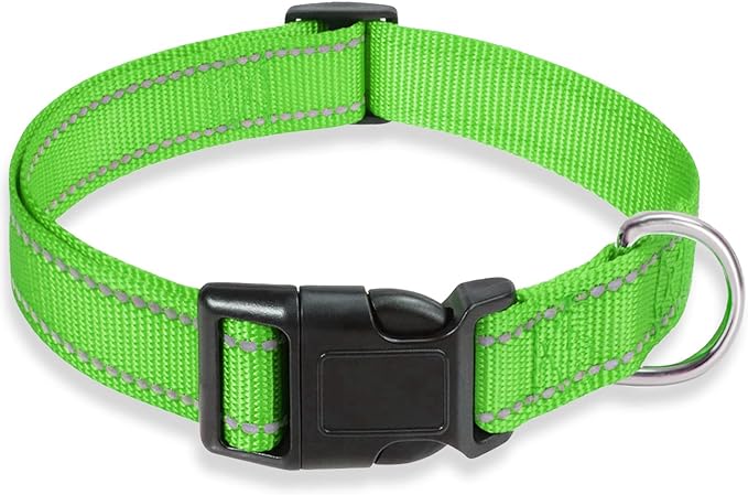 Reflective Dog Collar with Buckle Adjustable Safety Nylon Collars for Small Medium Large Dogs, Grass Green L