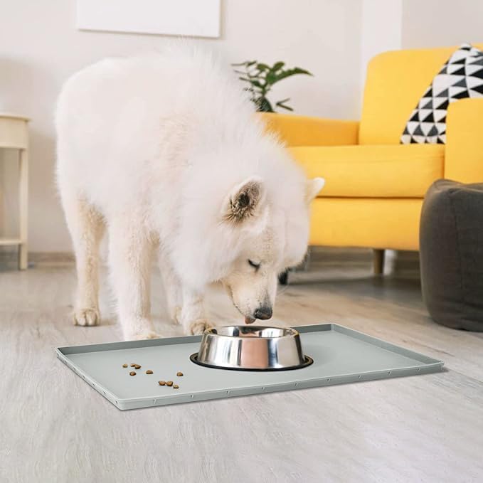 Dog Food Mat,Silicone Waterproof Food Tray,Non Slip Pet Bowl Mats Placemat,0.6" Raised Edge,Suitable for Most Small and Medium Sized Pets,18.5" x 11.5"